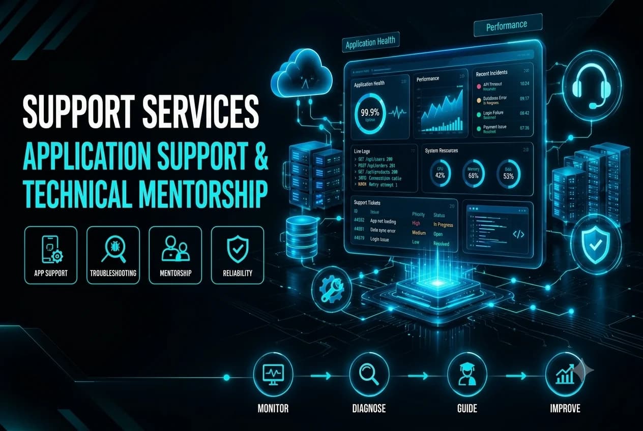 Technical support and mentorship helping software teams resolve issues and improve application reliability