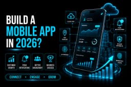 Futuristic business mobile app development illustration with smartphone, analytics dashboard, cloud connectivity, AI features, and cyan neon technology elements on a black background.