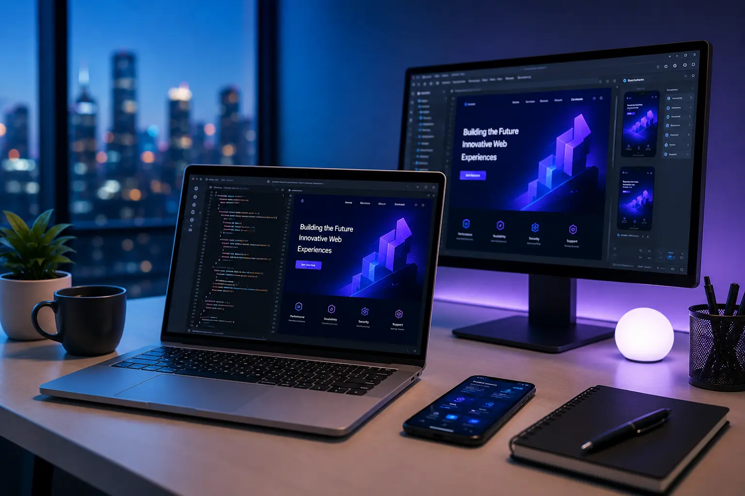 Modern web development technologies displayed on multiple digital screens