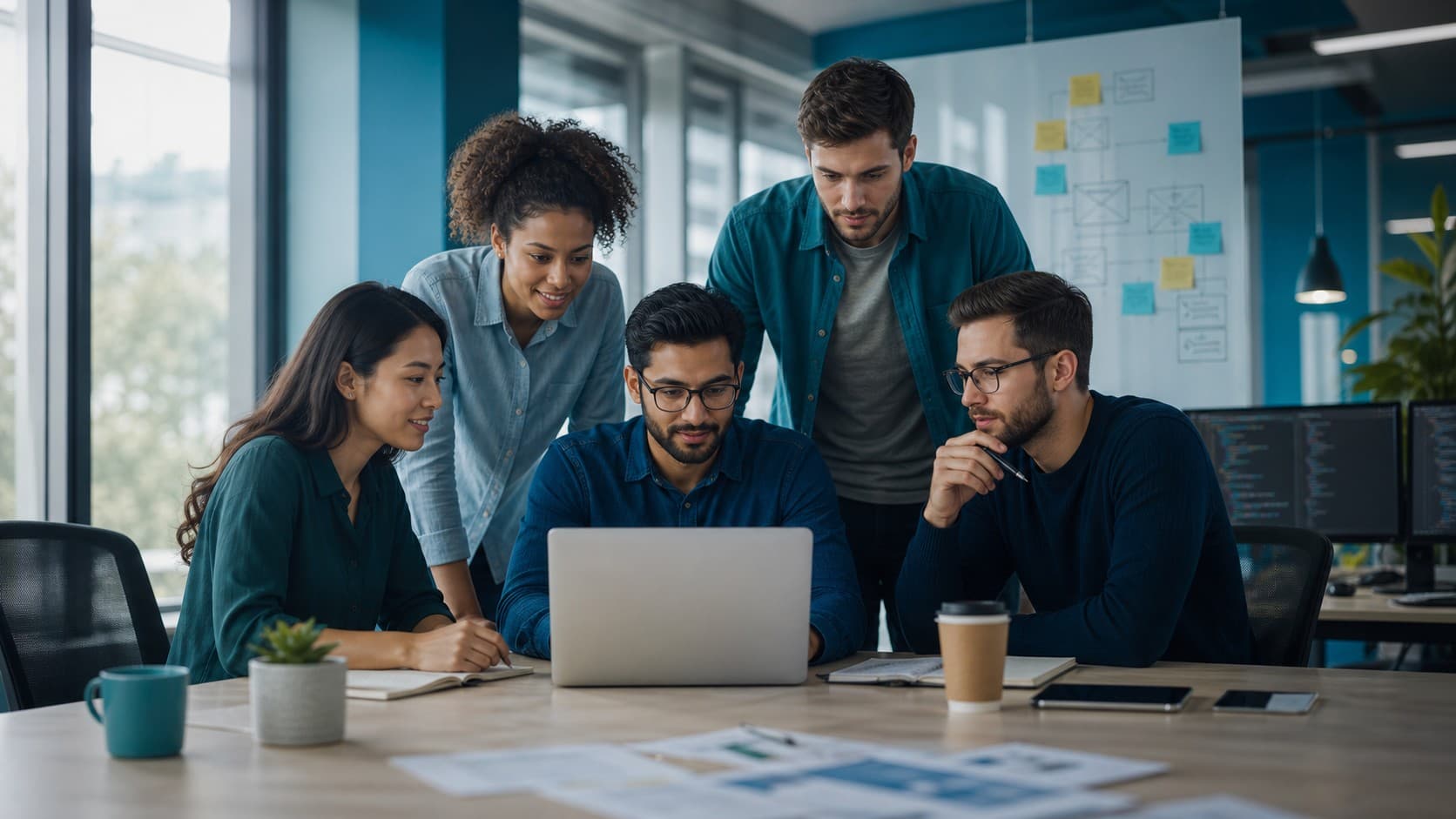 Technology team collaborating in a modern workspace