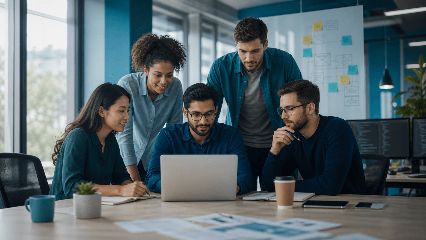 Technology team collaborating in a modern workspace