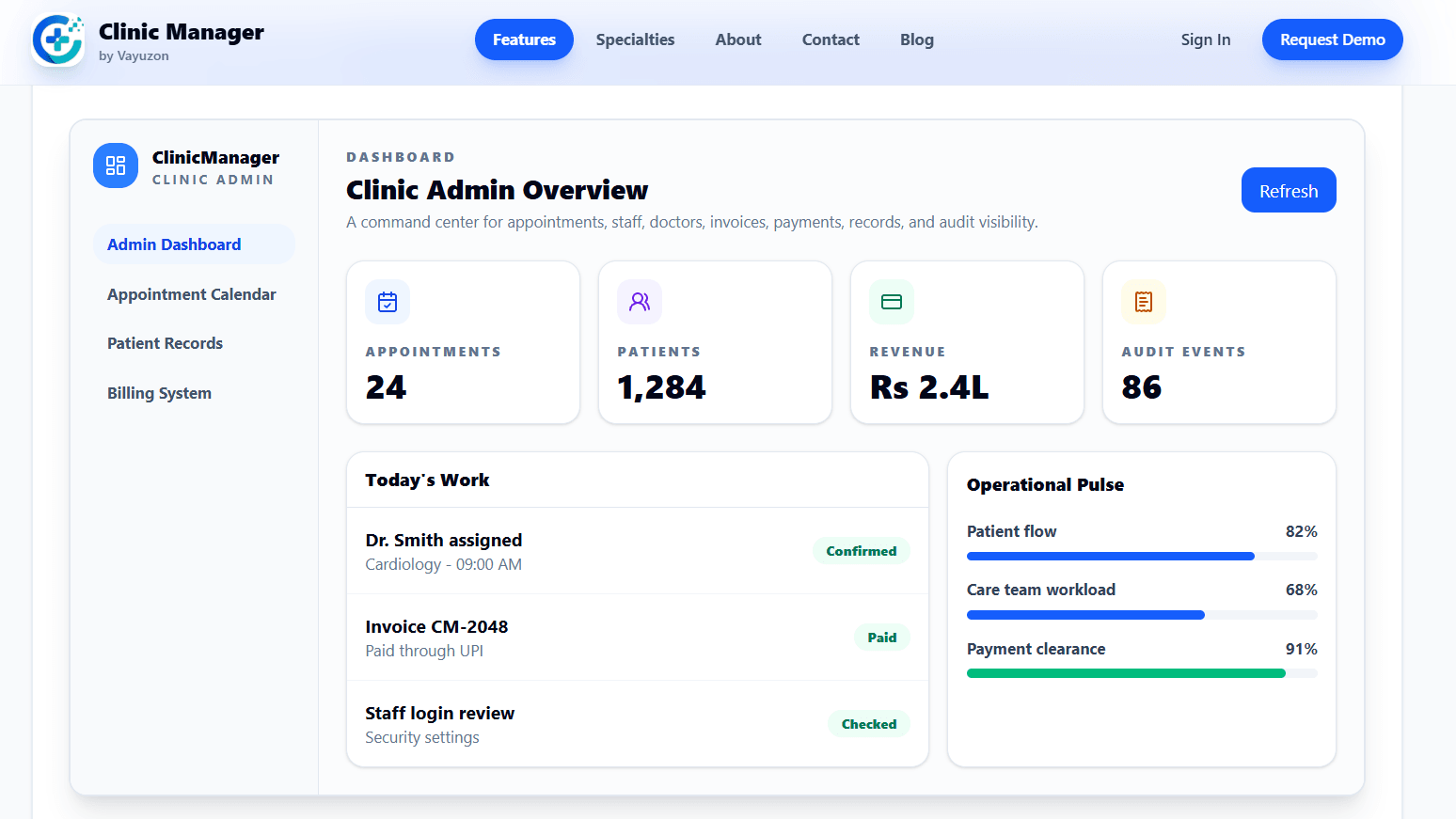 Clinic Manager admin portal dashboard