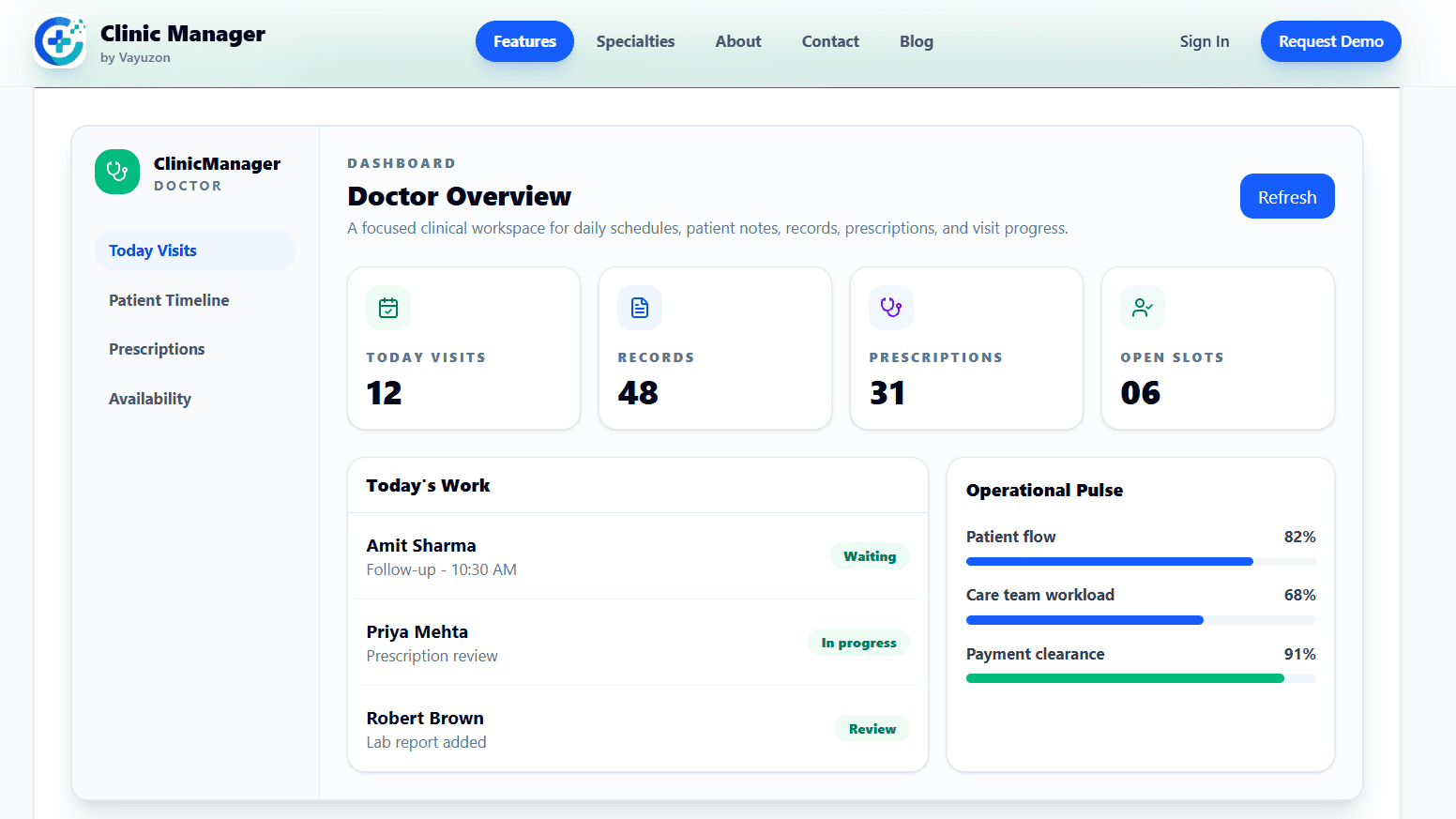 Clinic Manager doctor portal dashboard
