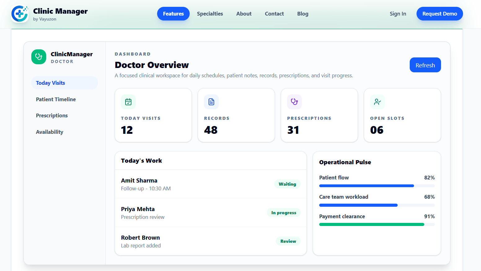 Clinic Manager doctor portal dashboard