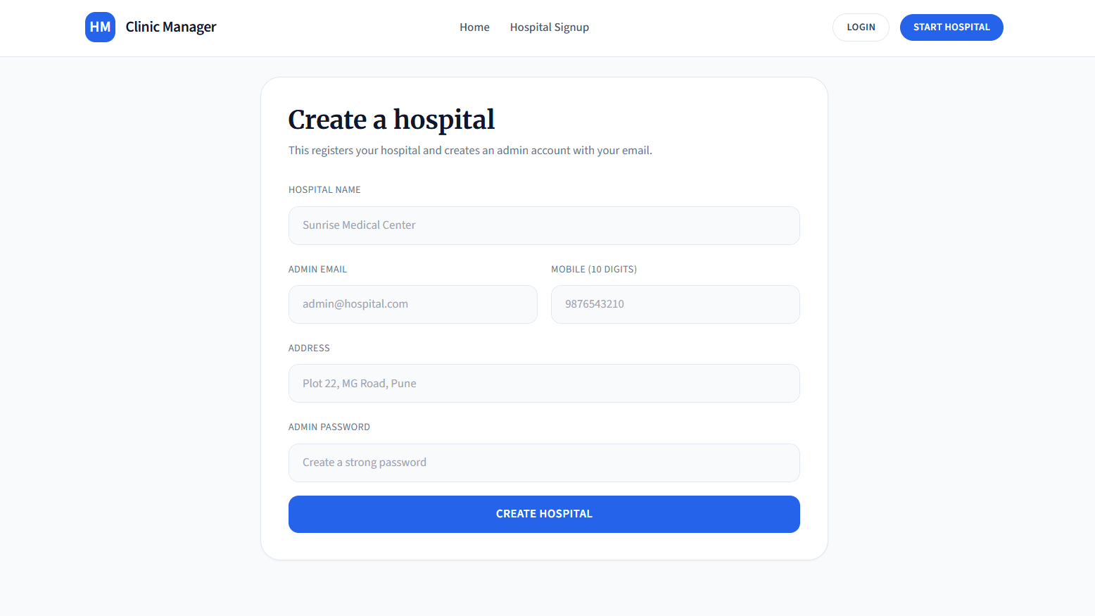 Clinic Manager hospital signup interface