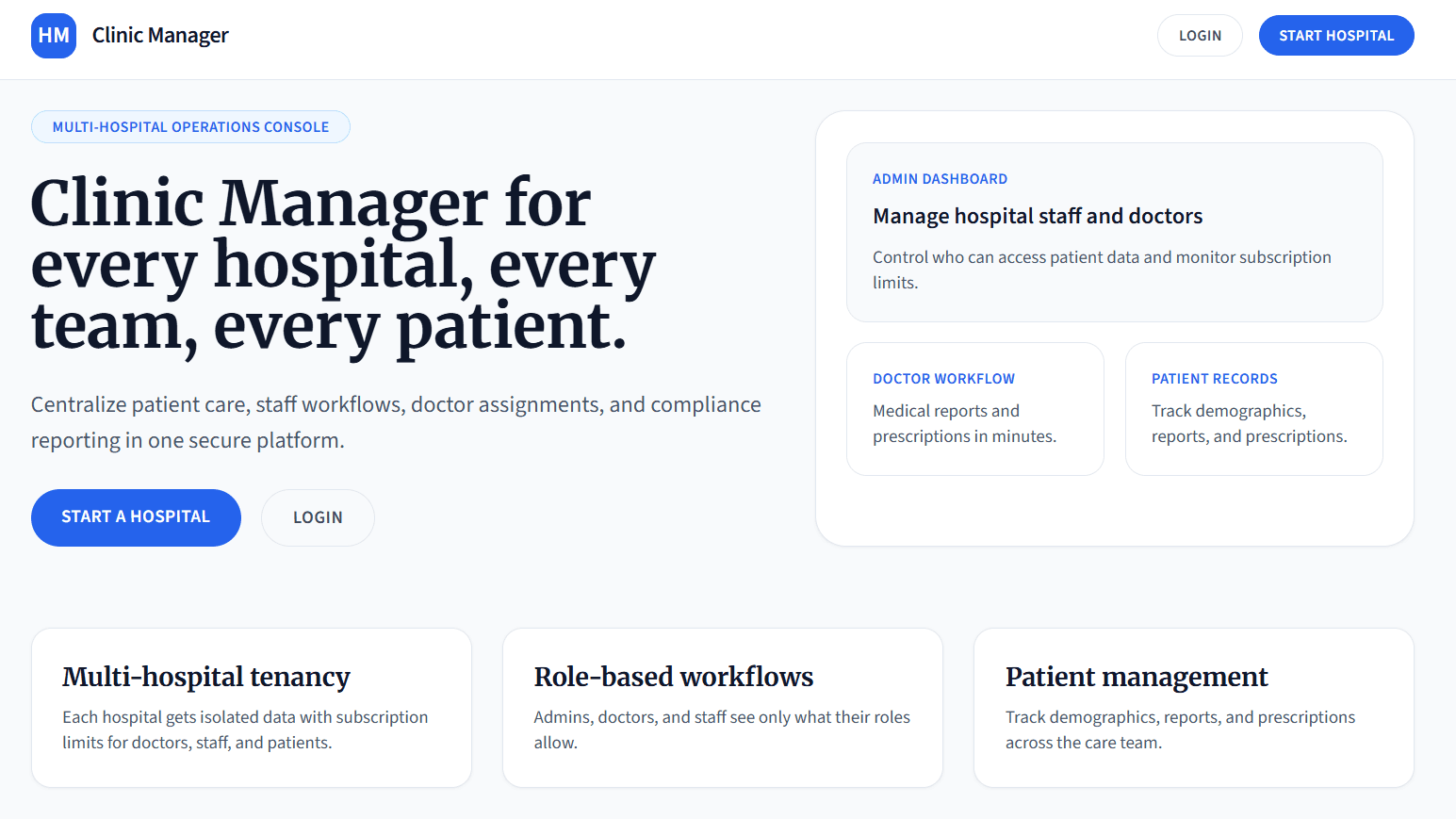 Clinic Manager landing page interface