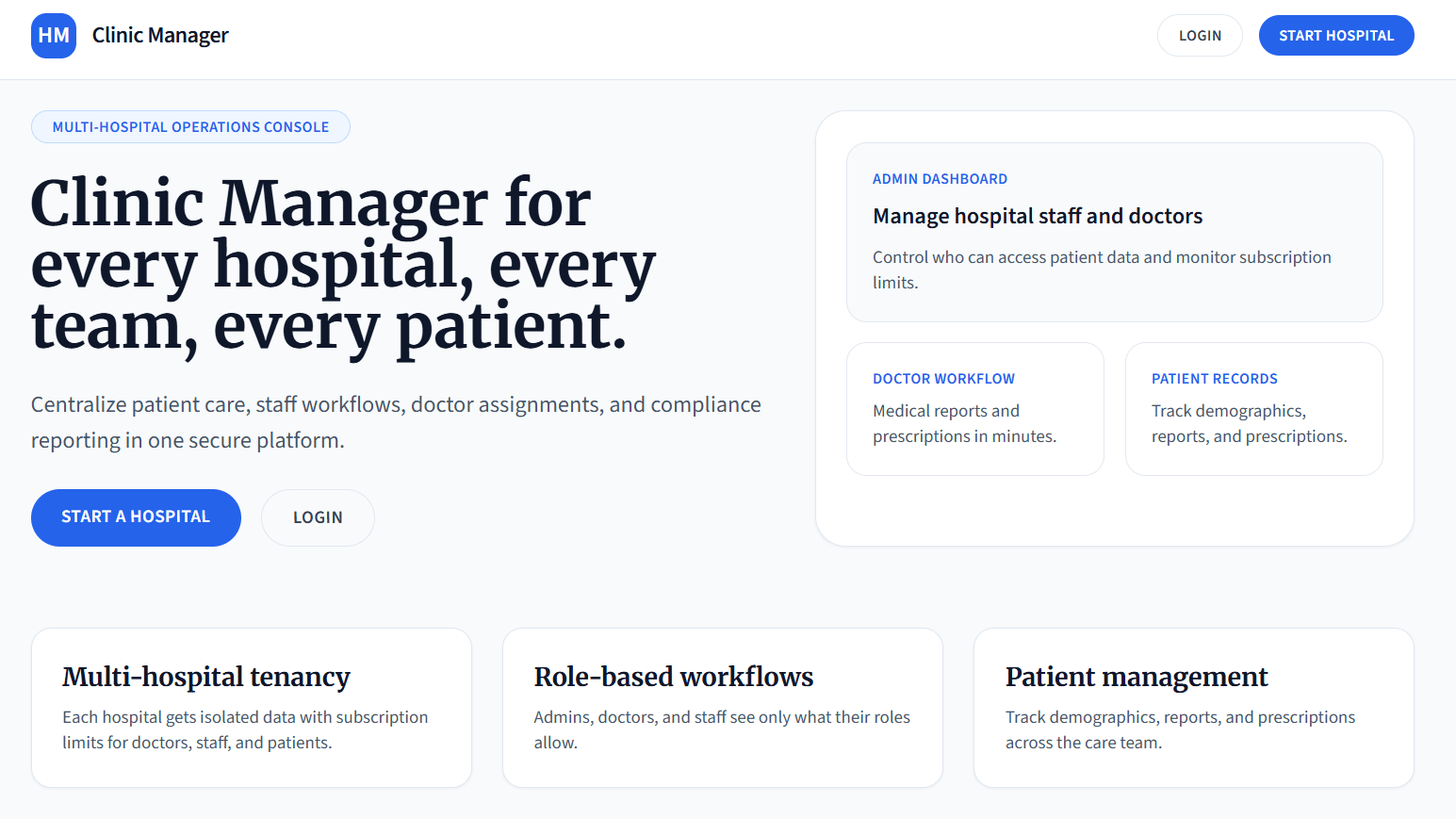 Clinic Manager landing page interface