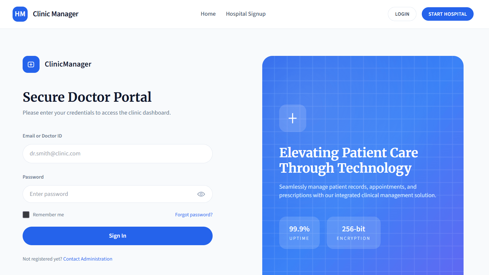 Clinic Manager login interface