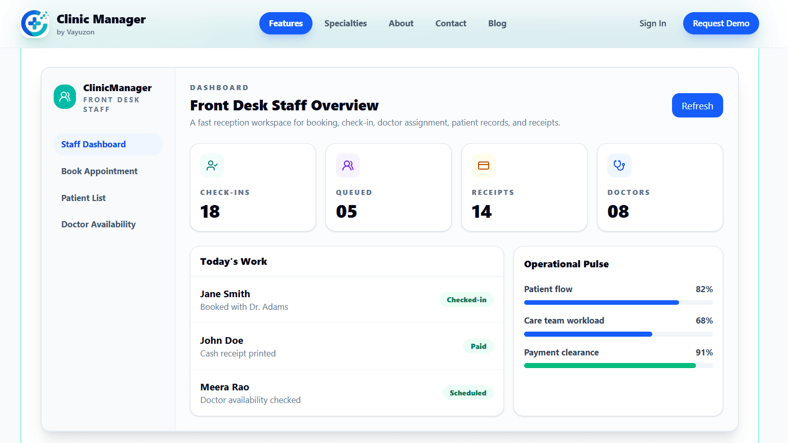 Clinic Manager staff portal dashboard
