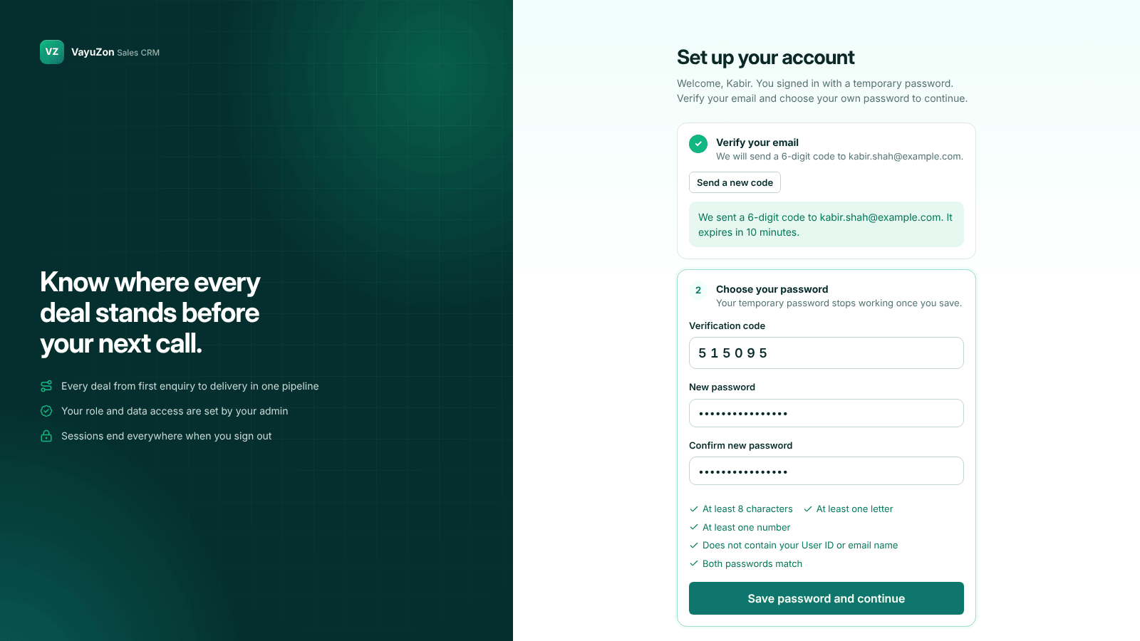 Sales CRM account setup screen with email code verification and new password rules