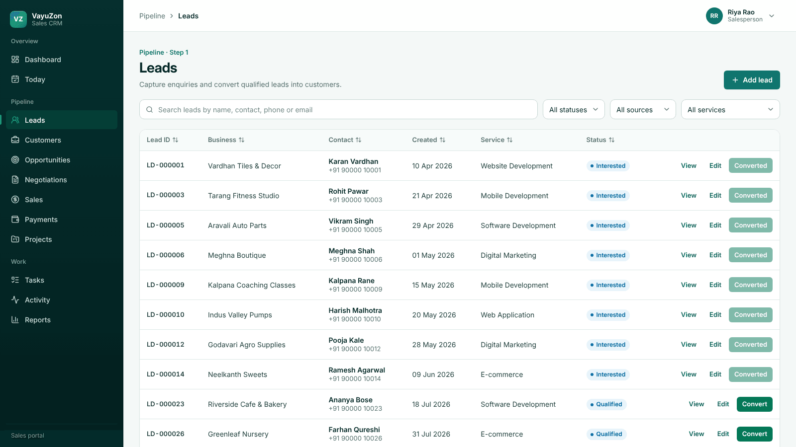 Sales CRM leads list with status, source and service filters