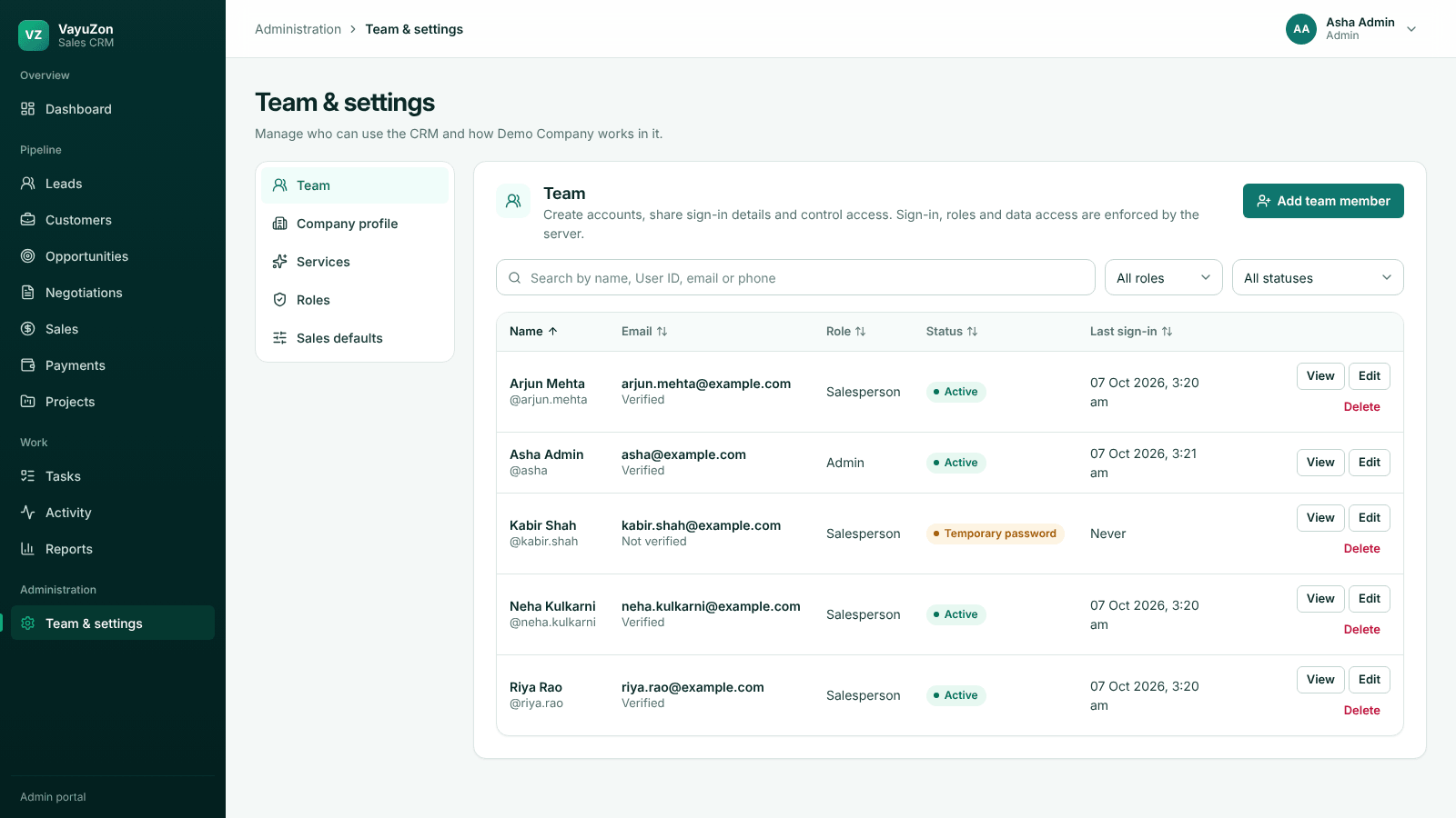Sales CRM Team and settings page listing admin and salesperson accounts