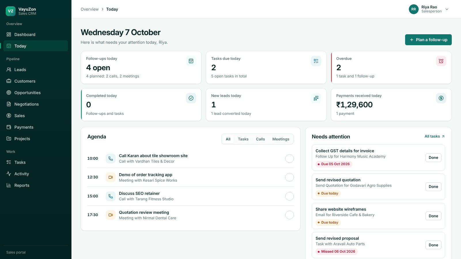 Sales CRM salesperson Today page with follow-ups, tasks due, overdue items and payments received